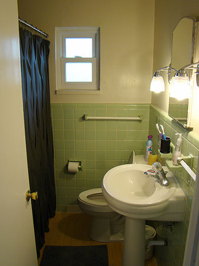 pedestal sink, vintage green tile, wood floor, bath/shower