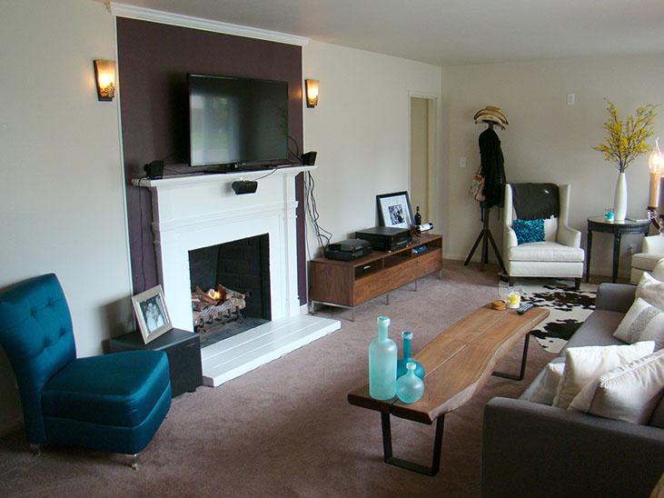 fireplace, white brick, pendant lights, TV mantle